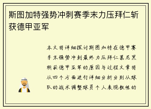 斯图加特强势冲刺赛季末力压拜仁斩获德甲亚军