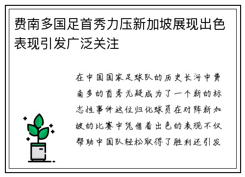 费南多国足首秀力压新加坡展现出色表现引发广泛关注
